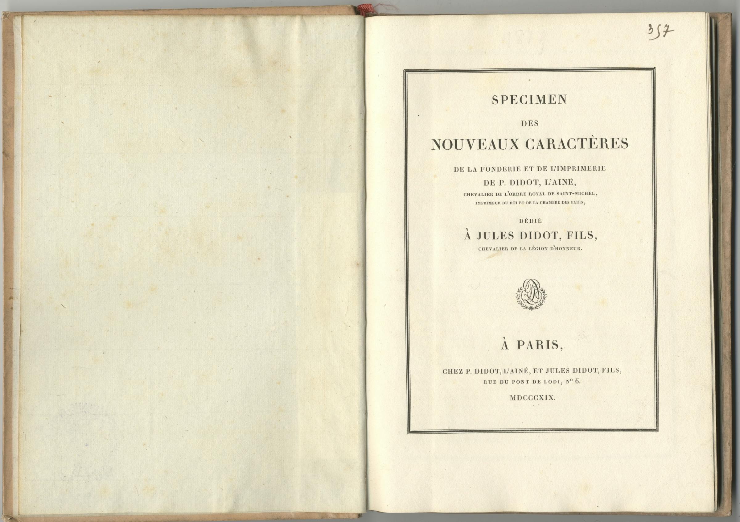 Specimen des nouveaux caractères de la fonderie et de l’imprimerie de P. Didot l’aîné, 1819